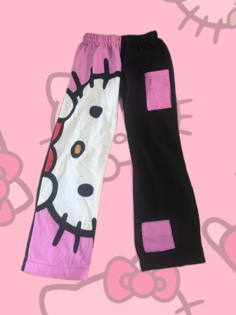 Hello Kitty handmade fleece Patchwork Black Pink Women's Sweat Pants Joggers